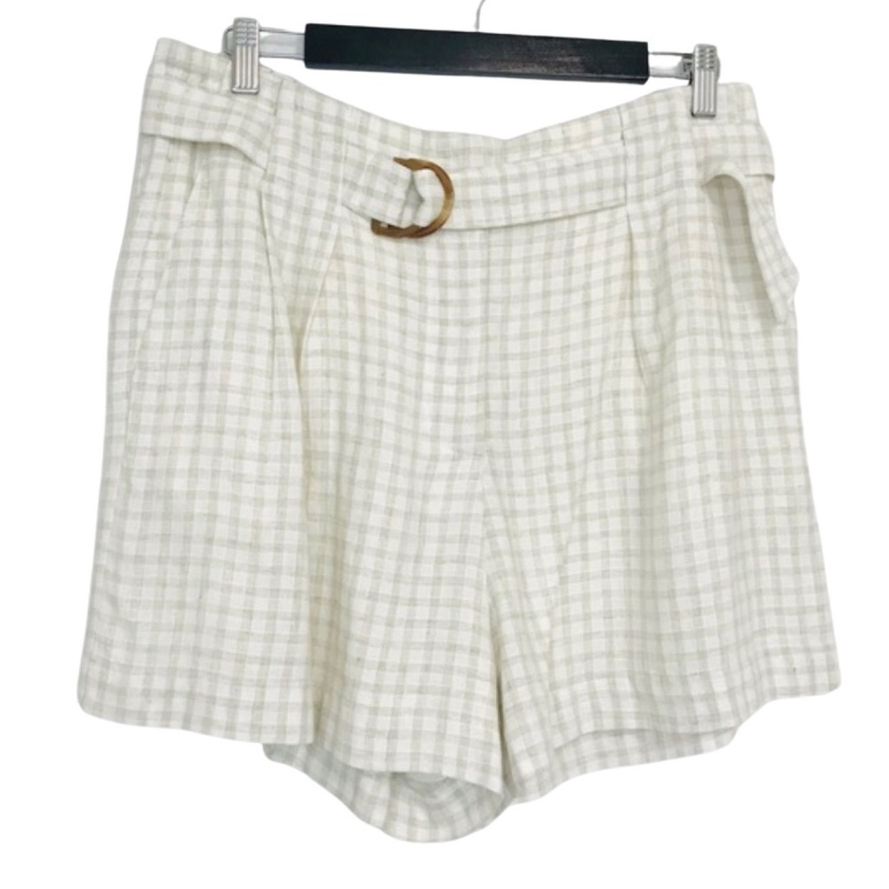 New! Skies Are Blue Linen Gingham Check Plaid High Waist Belted Paperbag Shorts